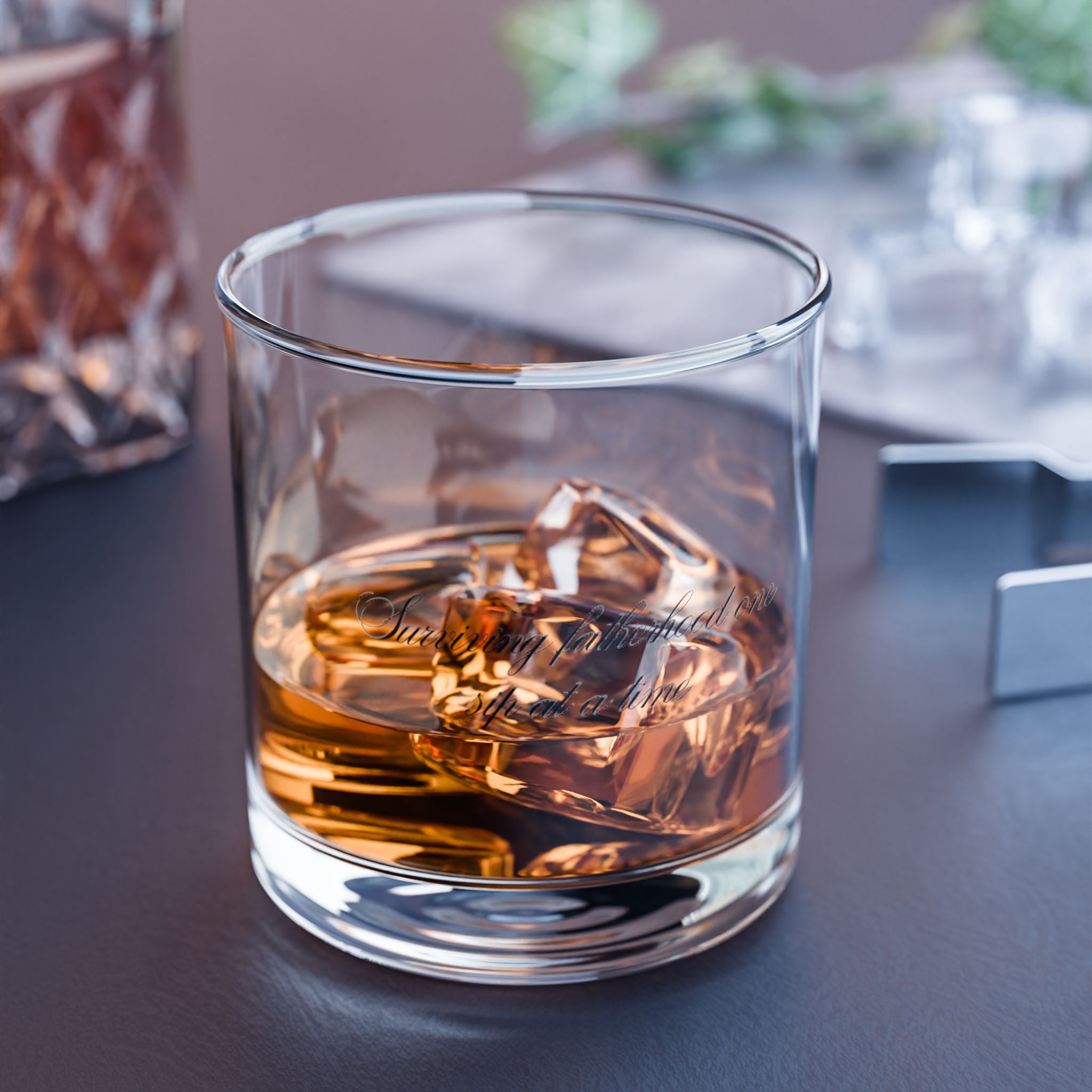 Engraved Script 10oz Rocks Glass – 'Surviving Fatherhood One Sip at a Time'